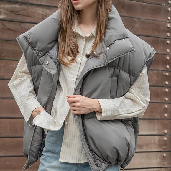 Grey Casual Women's Drawstring Hem Sleeveless Zip Front Puffer Pockets Coat - Picture 8 of 8
